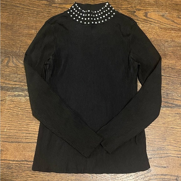 INC International Concepts Black Ribbed Sweater with Rhinestone Collar - Picture 9 of 11